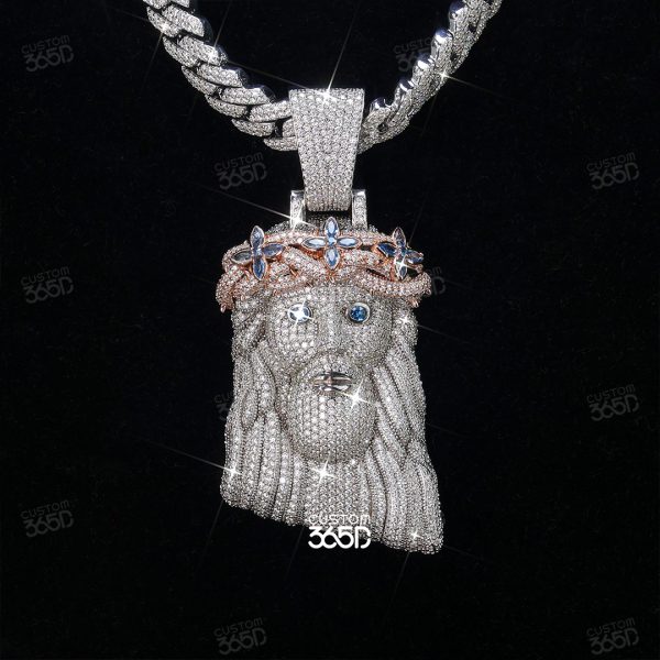 Jesus pendant with blue stone eyes and blue flower on his crown